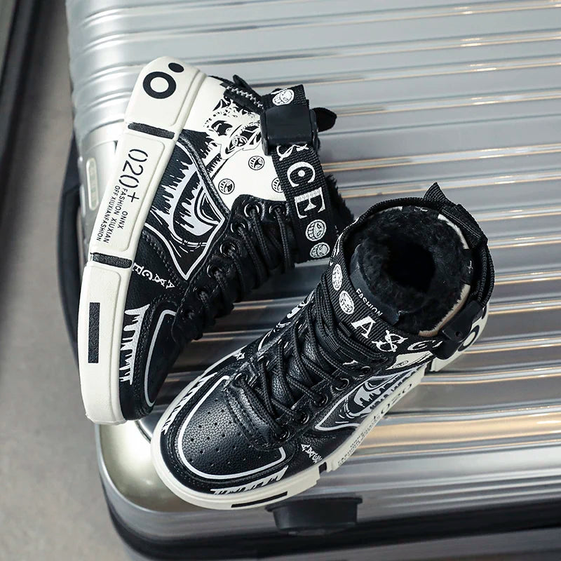 Zapatillas altas para niños 2025 Otoño/Invierno nuevo estilo zapatos deportivos para niños hebilla estudiante zapatos casuales de lana de suela blanda