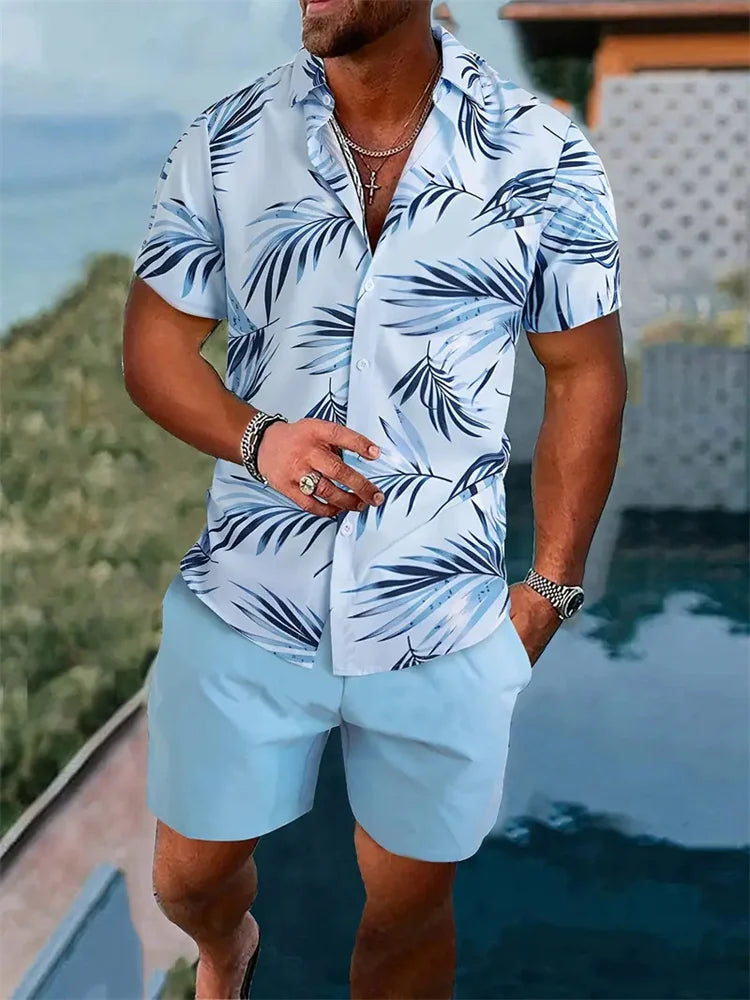 Conjunto Hawaiano 3D Hojas Hombre | Camisa + Pantalón Corto Playa
