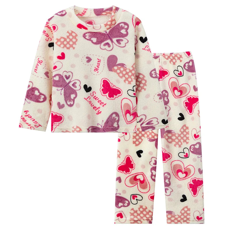 Conjunto de 2 piezas de franela con estampado de moda para otoño/invierno para niños, camiseta con cuello redondo y calentamiento de corazón para niñas, pantalones de lana suave para niños