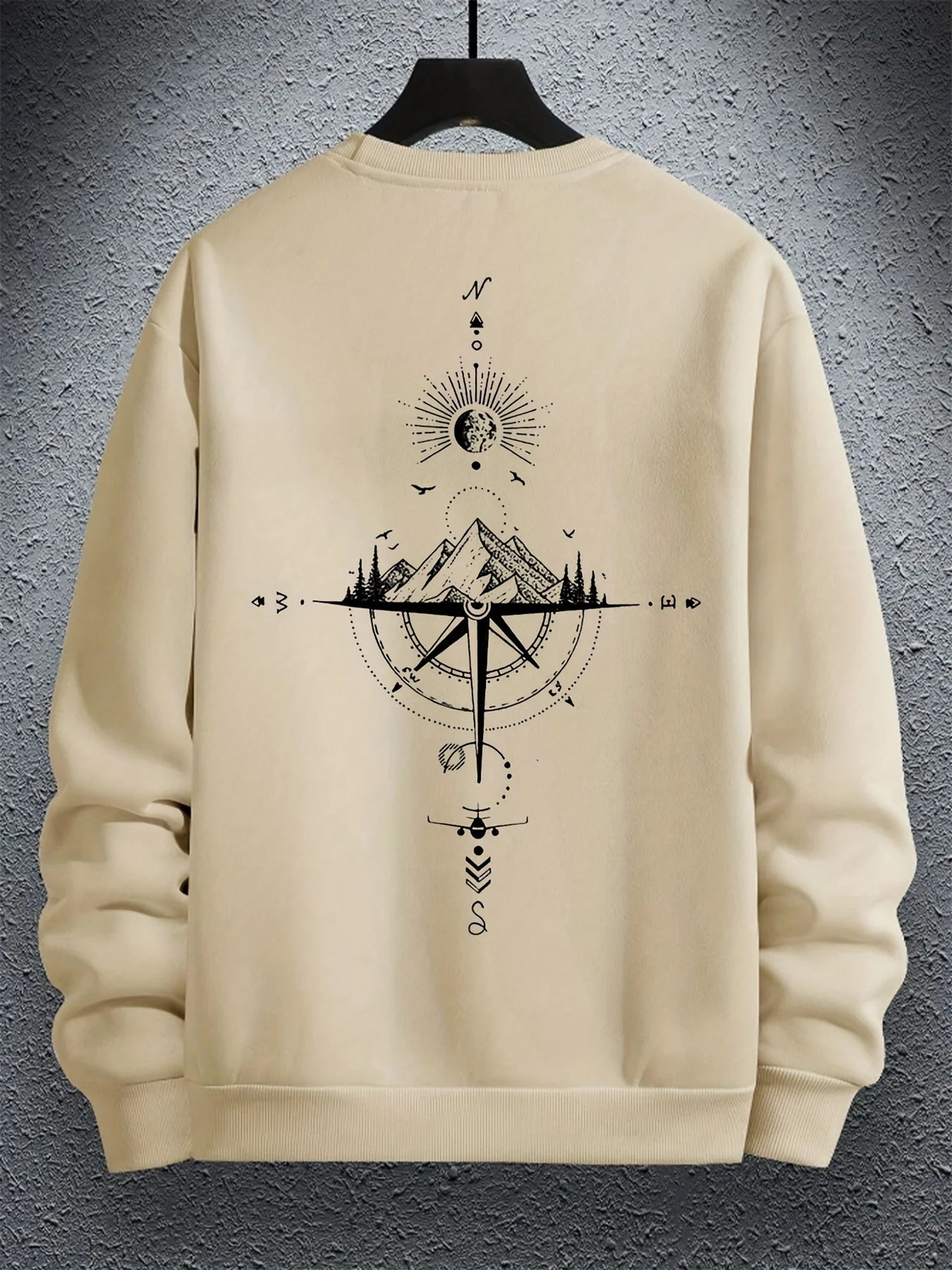 Sudadera holgada informal de otoño e invierno para hombre, sudadera clásica de manga larga con estampado geométrico de montaña y color beige a la moda