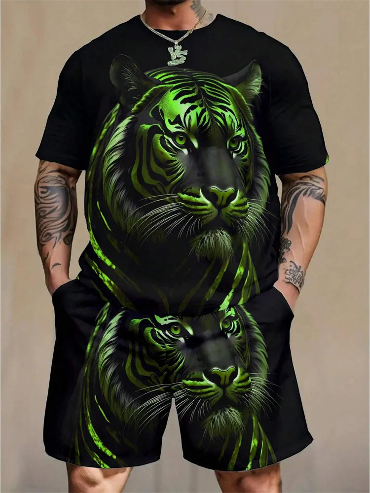 Nueva 2024 Camiseta de manga corta con cuello redondo, conjunto de pantalones cortos de moda con estampado de León en 3D, conjunto de 2 piezas de deportes de verano para hombres