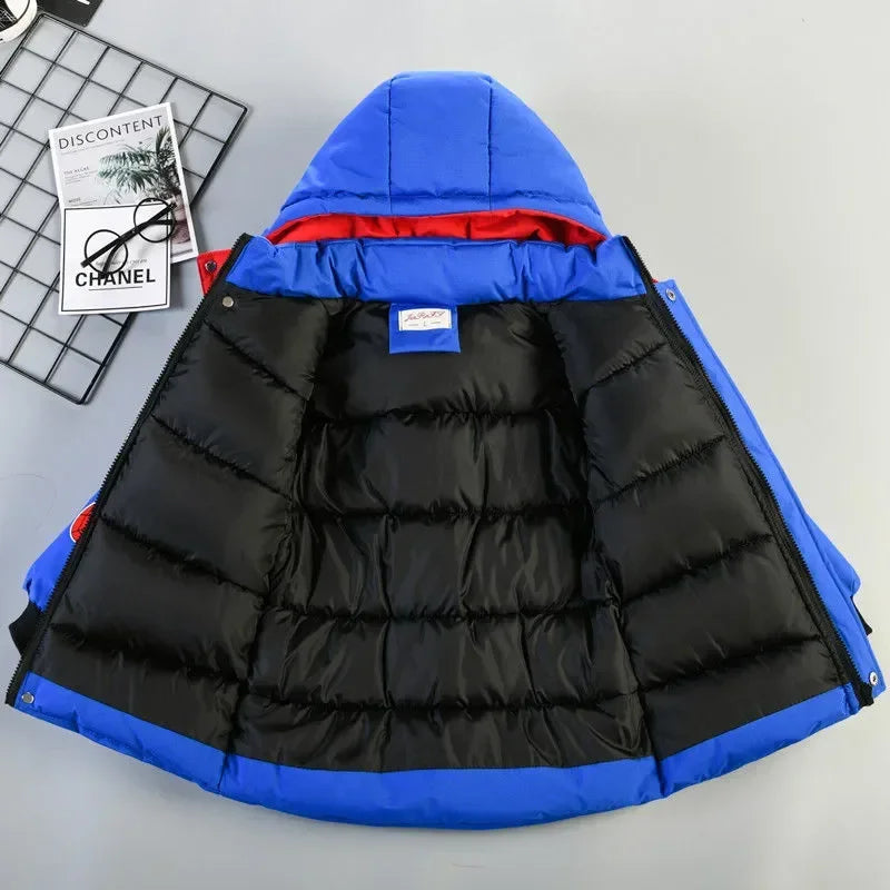Nuevo abrigo de invierno para niños, ropa de moda para niños, ropa cálida y gruesa de algodón con capucha, prendas de vestir exteriores largas, chaquetas Parka para niños