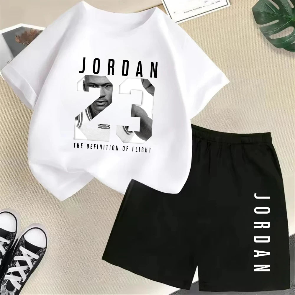Conjunto de camiseta de manga corta de verano para niños, moda deportiva, pantalones cortos para niños y niñas, conjunto informal de 2 uds con estampado de gráficos de marca, conjunto para chico
