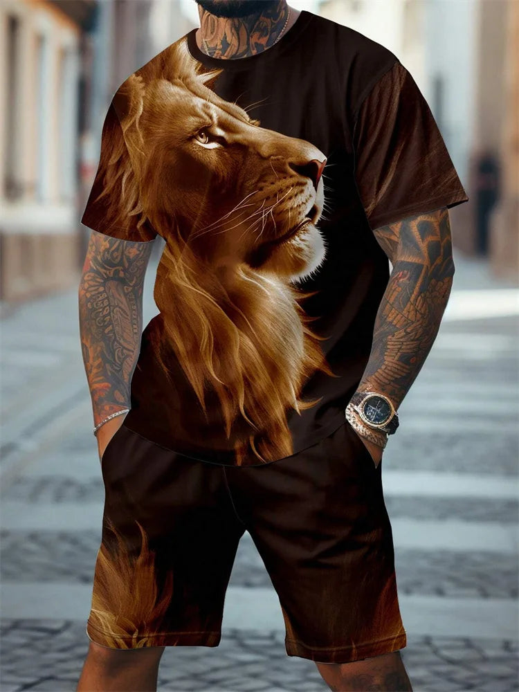 Nueva 2024 Camiseta de manga corta con cuello redondo, conjunto de pantalones cortos de moda con estampado de León en 3D, conjunto de 2 piezas de deportes de verano para hombres