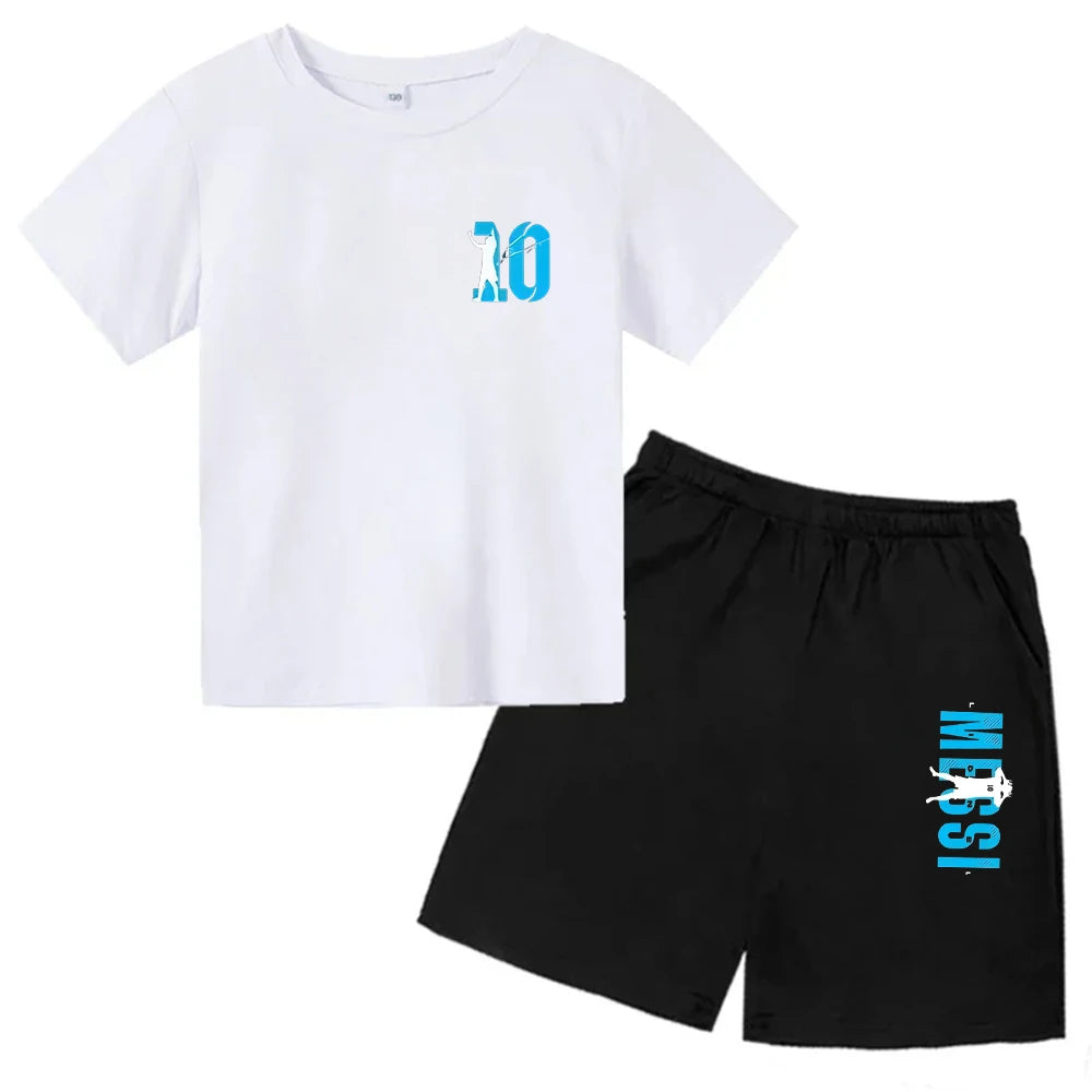 Conjunto de verano para niños, camiseta de manga corta con estampado Messi + Pantalones cortos, conjunto de 2 uds., traje deportivo informal a la moda para niños y niñas, ropa para fanáticos
