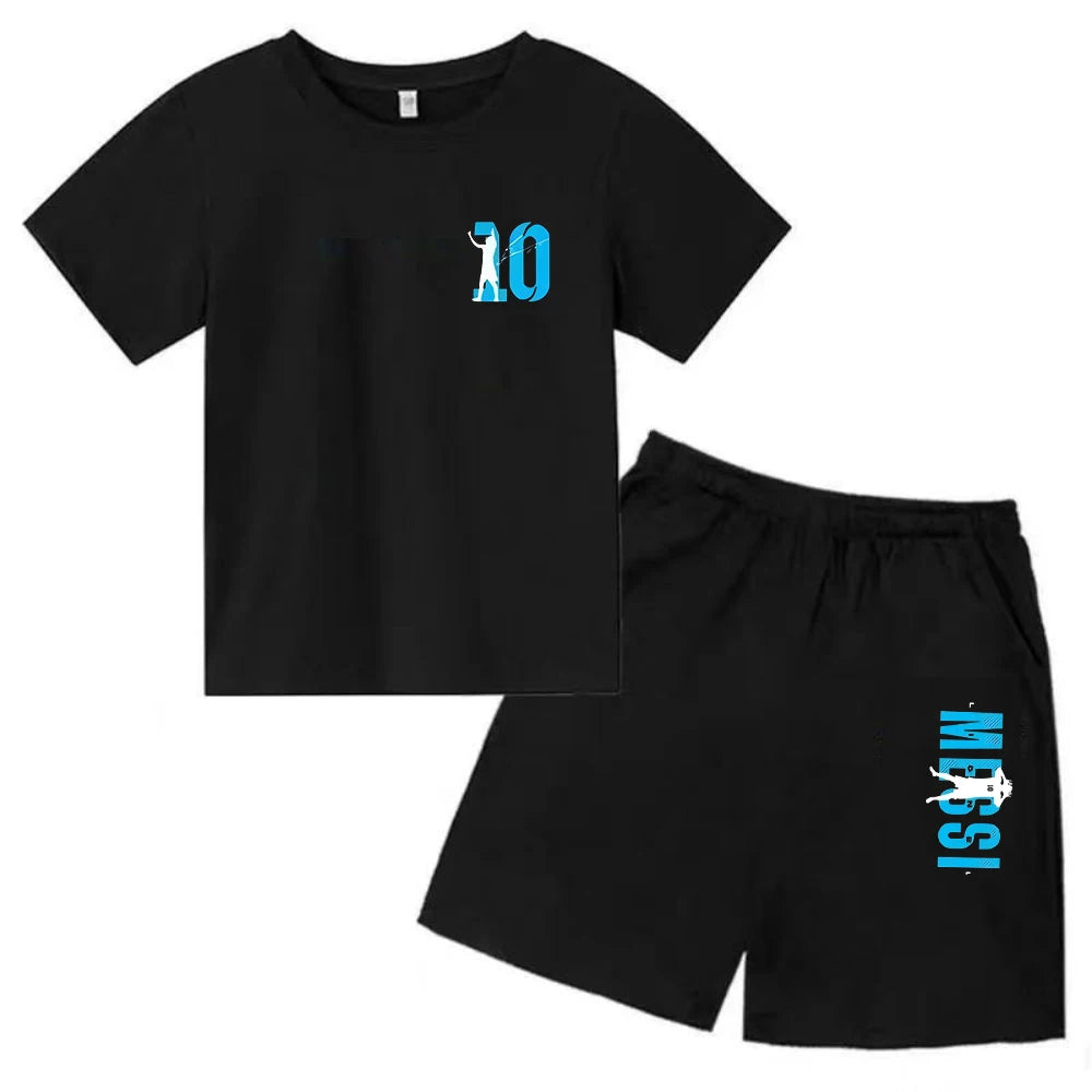Conjunto de verano para niños, camiseta de manga corta con estampado Messi + Pantalones cortos, conjunto de 2 uds., traje deportivo informal a la moda para niños y niñas, ropa para fanáticos