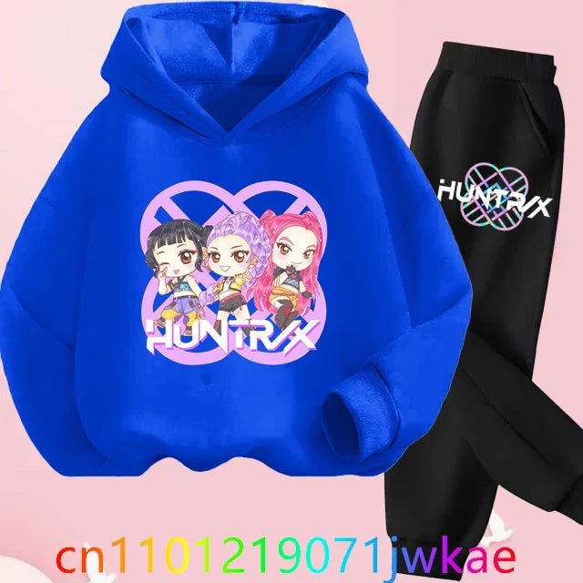 Conjuntos de sudaderas con capucha y pantalones de cazadores de demonios para adolescentes, Sudadera con capucha de película de Anime coreano para niños y niñas, trajes deportivos con capucha de manga larga a la moda