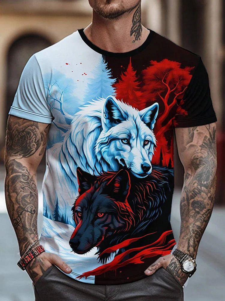 Camiseta con estampado de lobo en 3D para hombre, camisa informal de manga corta con cuello redondo, tela transpirable y cómoda, ropa de calle para exteriores para hombre