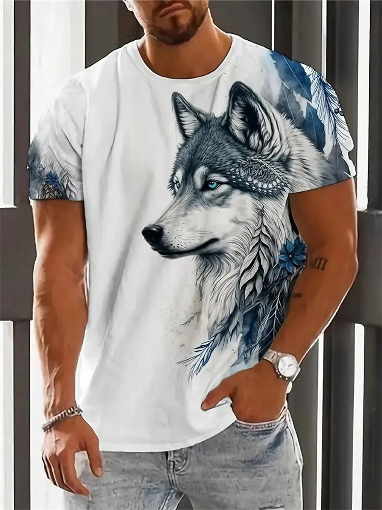 Camiseta con estampado de lobo en 3D para hombre, camisa informal de manga corta con cuello redondo, tela transpirable y cómoda, ropa de calle para exteriores para hombre