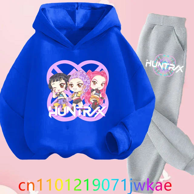 Conjuntos de sudaderas con capucha y pantalones de cazadores de demonios para adolescentes, Sudadera con capucha de película de Anime coreano para niños y niñas, trajes deportivos con capucha de manga larga a la moda