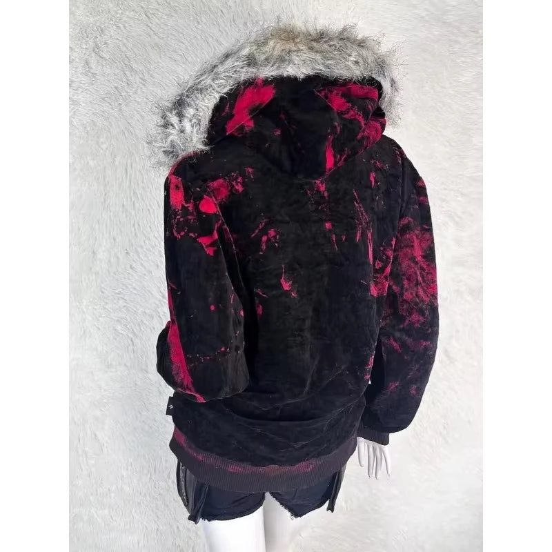 2025 nueva moda americana de gran tamaño con estampado de cuello de piel Sudadera con capucha para mujer Y2K Rock Dark Popular Casual Joker pareja sudadera Tops