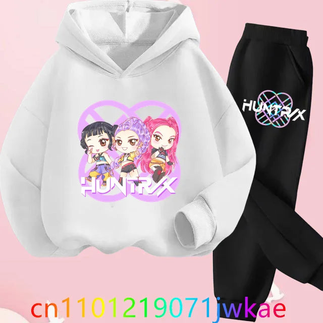 Conjuntos de sudaderas con capucha y pantalones de cazadores de demonios para adolescentes, Sudadera con capucha de película de Anime coreano para niños y niñas, trajes deportivos con capucha de manga larga a la moda