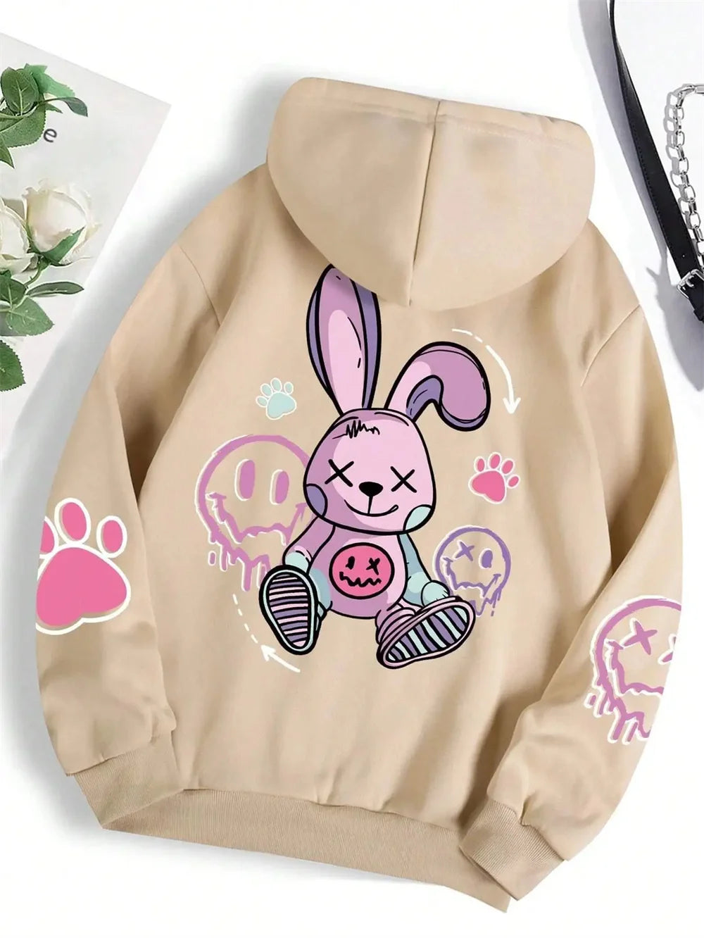 Sudaderas con capucha estampadas informales de Hip Hop Street, sudaderas holgadas a la moda, estampado informal cálido de otoño para mujer, capucha de lana Harajuku con capucha