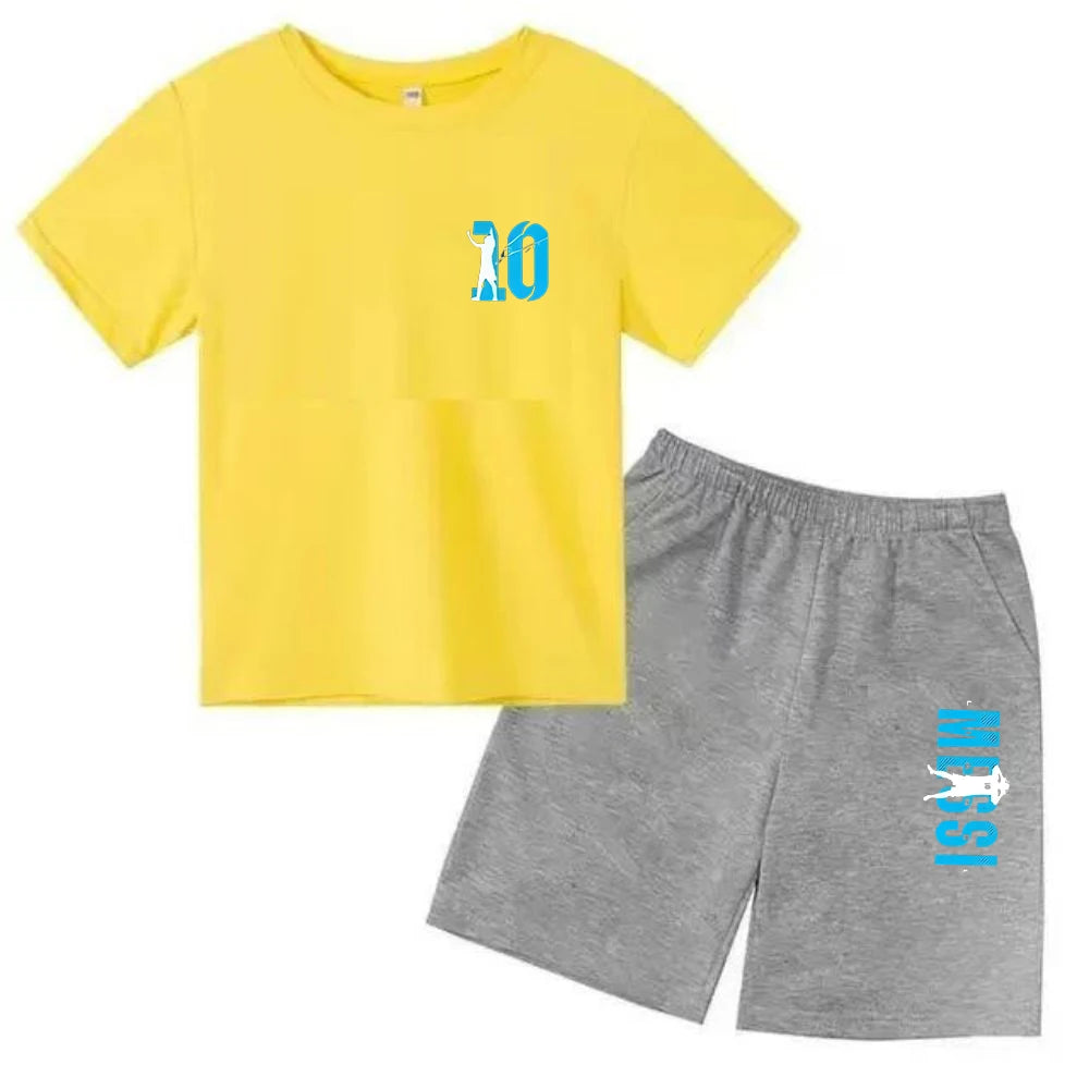 Conjunto de verano para niños, camiseta de manga corta con estampado Messi + Pantalones cortos, conjunto de 2 uds., traje deportivo informal a la moda para niños y niñas, ropa para fanáticos