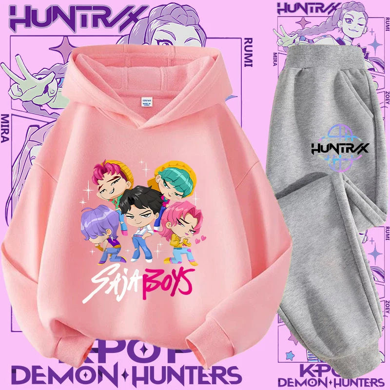Ropa deportiva para niñas de 2 a 12 años, conjunto de 2 piezas, Top informal bonito, K-pop Demon Hunter, conjunto de camisa con capucha estampada, traje de pantalón, chándal