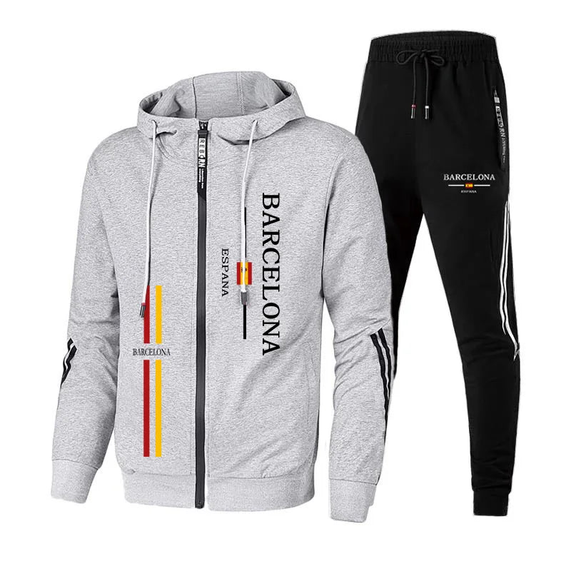 Otoño Invierno trajes deportivos masculinos Barcelona estampado chándal para hombres cremallera Sudadera con capucha y pantalones jogger urbano Casual moda ropa deportiva
