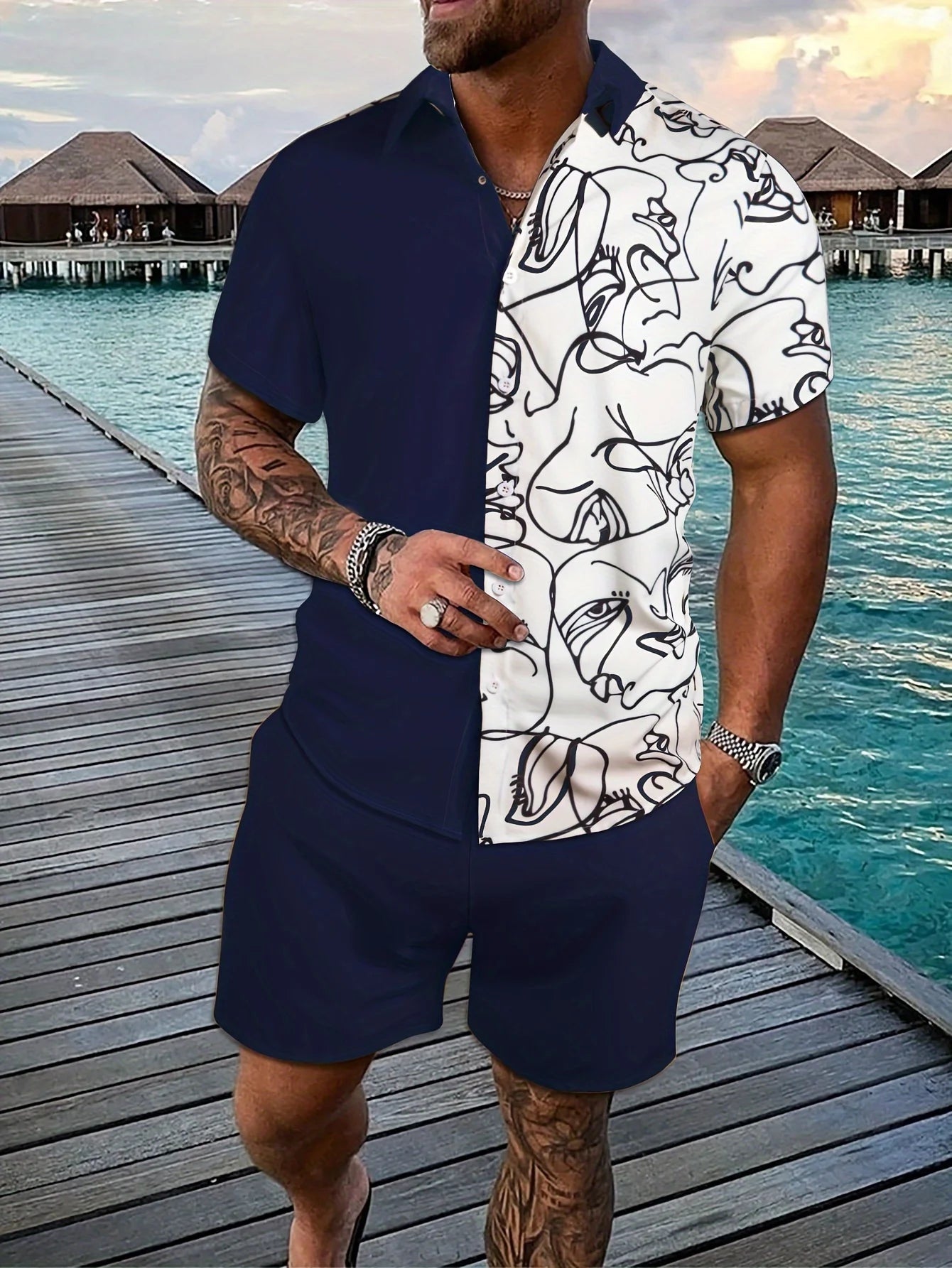 Conjunto Hawaiano Hombre – Camisa Manga Corta y Pantalón Corto de Playa