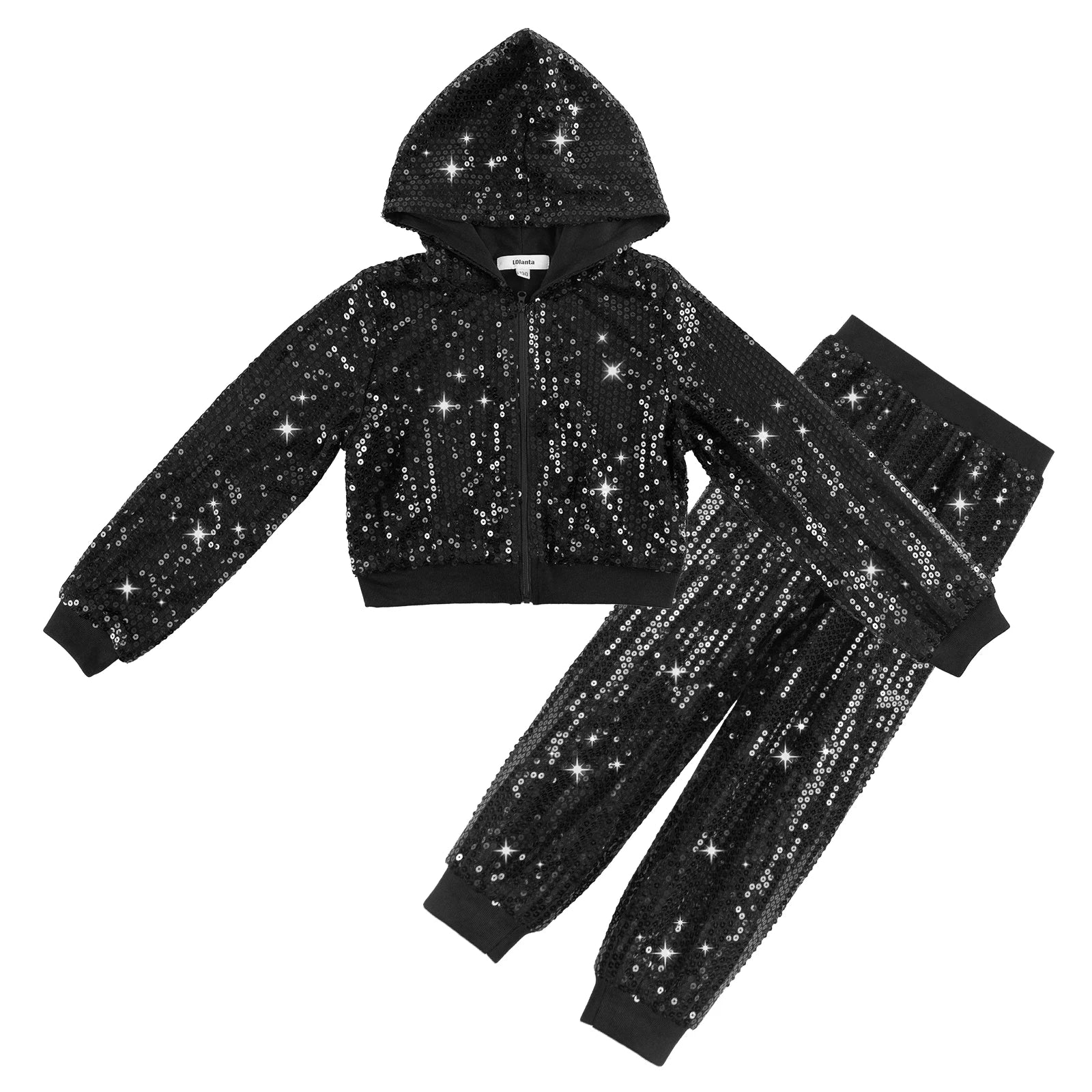 LOlanta-Conjunto de chaqueta y pantalones con capucha para niña, 2 piezas, lentejuelas, ropa de baile de Hip Hop, trajes de fiesta temáticos para niños de 5 a 12 años