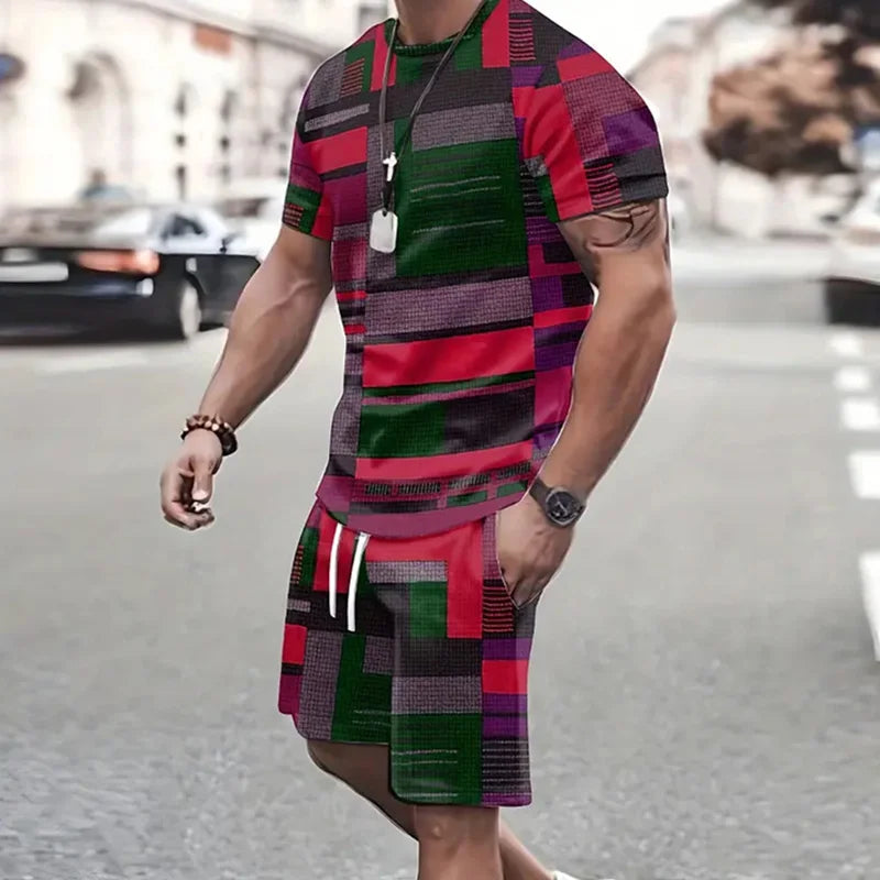2024 de moda para hombre, ropa deportiva, camiseta de manga corta y pantalones cortos deportivos de verano, traje de retazos Vintage Casual, traje de dos piezas para hombre