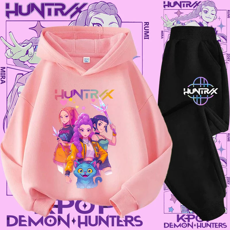 Ropa deportiva para niñas de 2 a 12 años, conjunto de 2 piezas, Top informal bonito, K-pop Demon Hunter, conjunto de camisa con capucha estampada, traje de pantalón, chándal