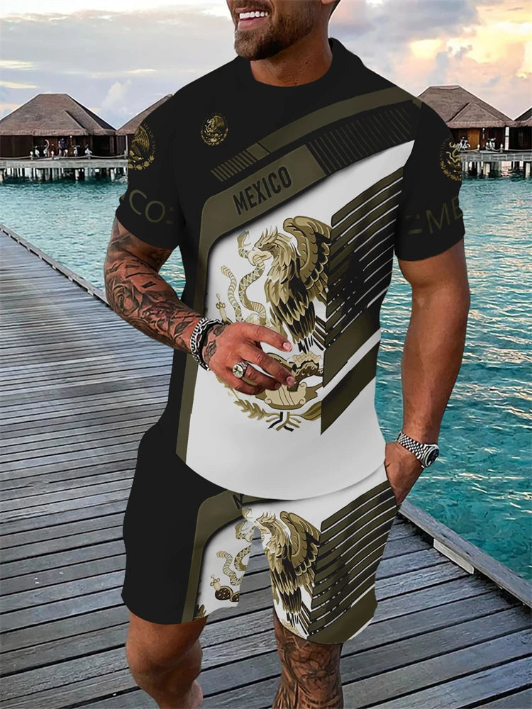 Traje deportivo informal para hombre con estampado divertido, camiseta de manga corta y pantalones cortos con cuello redondo, conjunto de dos piezas, conjunto de moda urbana para exteriores
