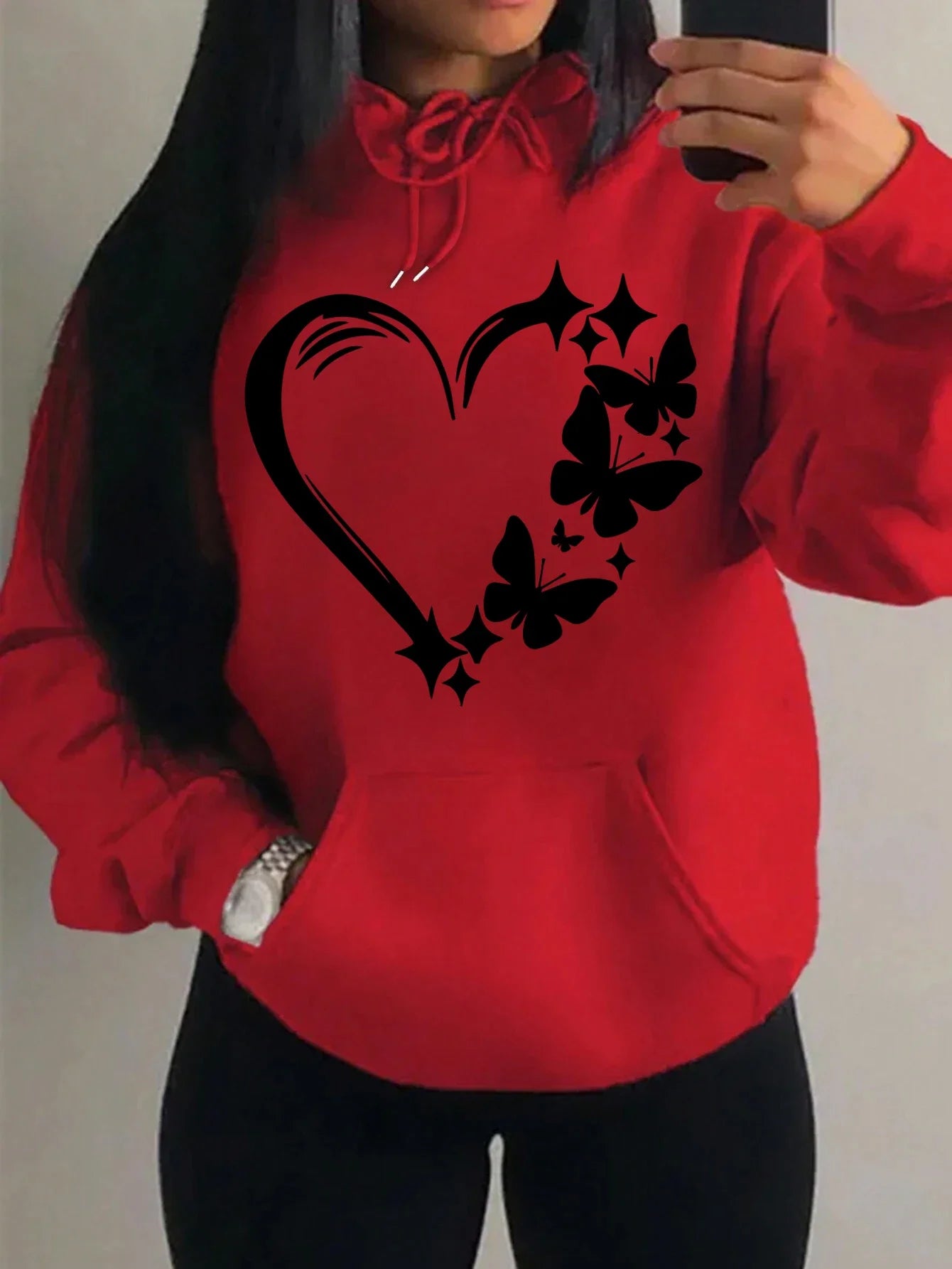 Sudadera con capucha con estampado de amor y mariposa para mujer, moda urbana de Hip Hop, ropa de bolsillo, Sudadera con capucha Retro multicolor