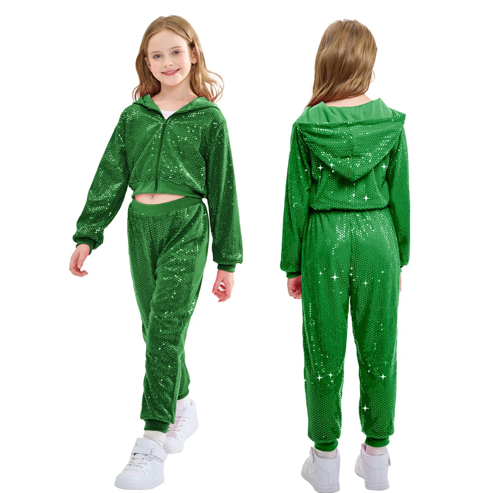 LOlanta-Conjunto de chaqueta y pantalones con capucha para niña, 2 piezas, lentejuelas, ropa de baile de Hip Hop, trajes de fiesta temáticos para niños de 5 a 12 años