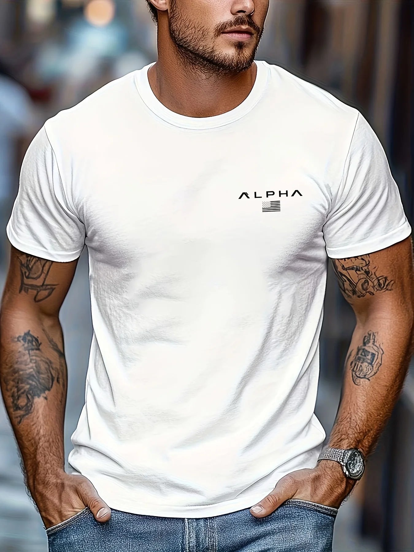 Camiseta de manga corta con cuello redondo y estampado de patrón ALPHA para hombre, 100% de algodón, informal, a la moda, deportiva, holgada, de verano