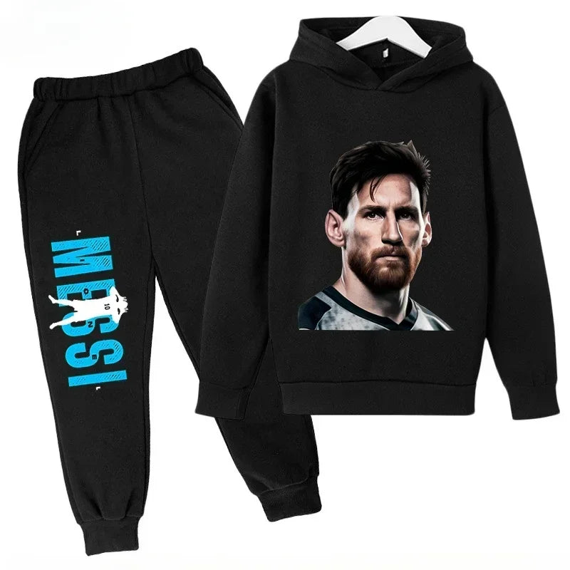 Conjunto deportivo para niños de primavera y otoño, traje con capucha y pantalones con estampado de Messi, conjunto de 2 uds., ropa para niños y niñas, chándal informal de moda