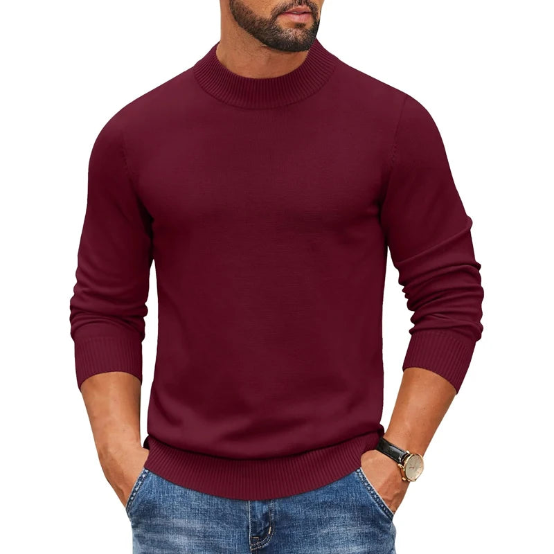 Jersey de punto acanalado con cuello alto simulado para hombre, suéter informal ajustado y pesado, jersey cálido, ropa de calle térmica