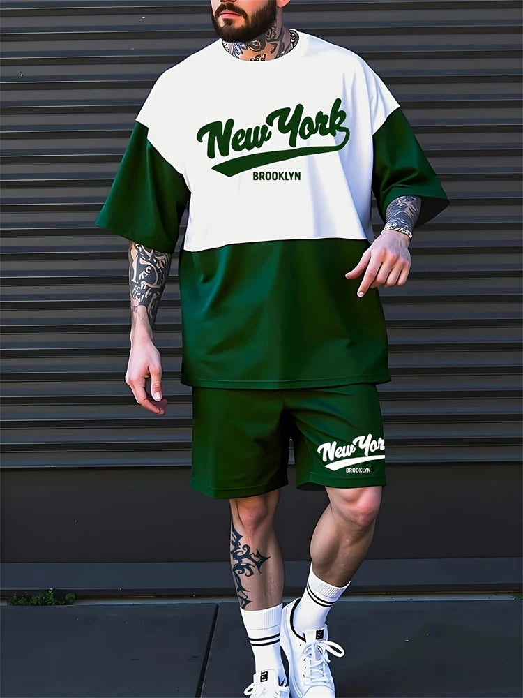 Nuevo traje transpirable de manga corta para deportes al aire libre de verano para hombre, diseño de patrón de letras, conjunto de dos piezas de estilo callejero a la moda de ocio