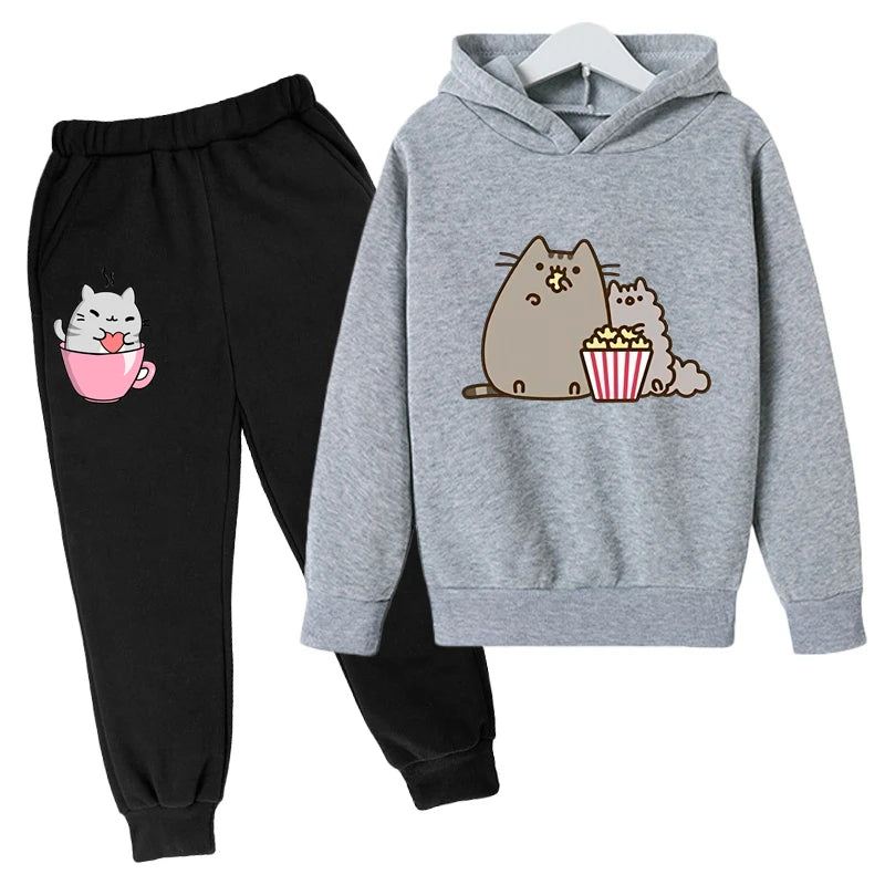 Sudadera con capucha con estampado de gato de Nutella para niños, ropa divertida para niñas y niños, conjuntos de ropa Harajuku Kawaii para niños, Invierno