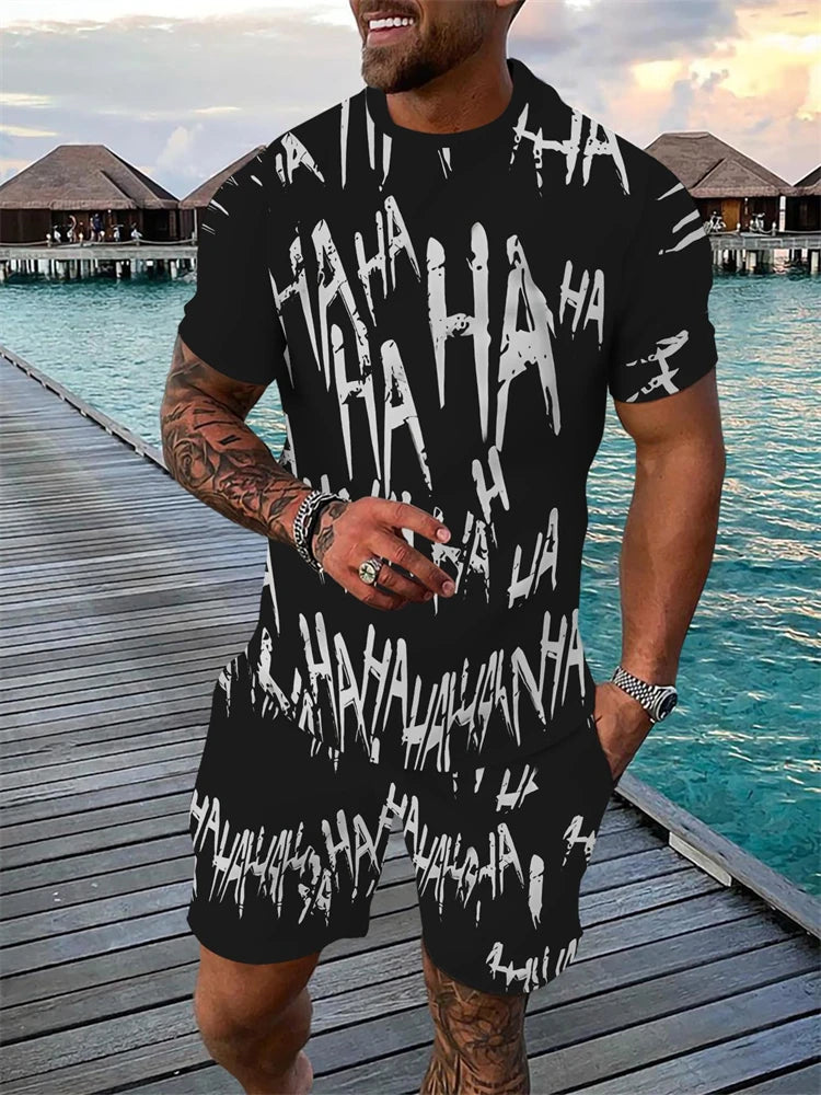 Conjunto de dos piezas de verano para hombre, camiseta de manga corta con cuello redondo y pantalones cortos con cordón, estampado 3D de León Animal, conjunto atlético transpirable para exteriores
