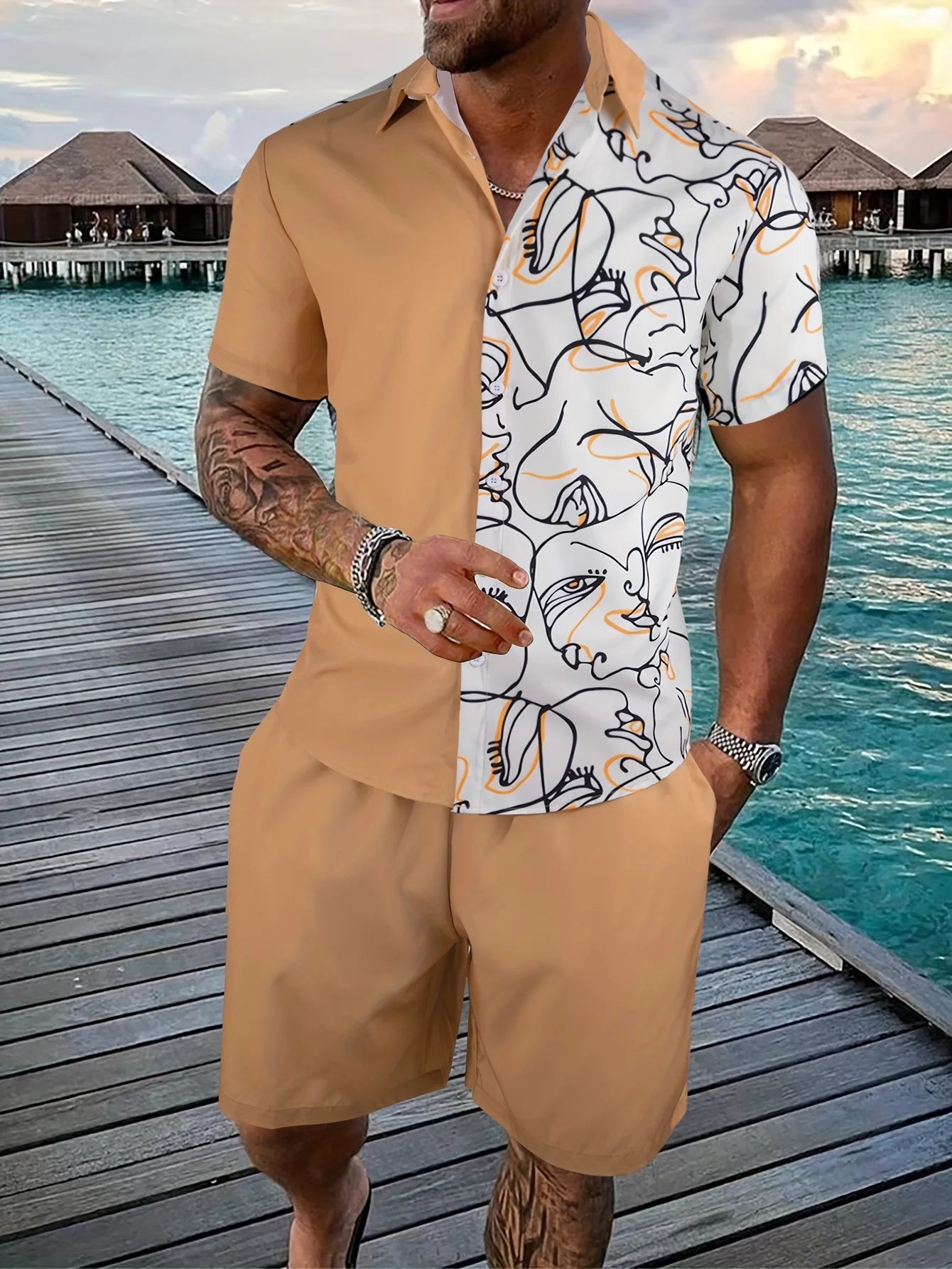 Conjunto Hawaiano Hombre – Camisa Manga Corta y Pantalón Corto de Playa