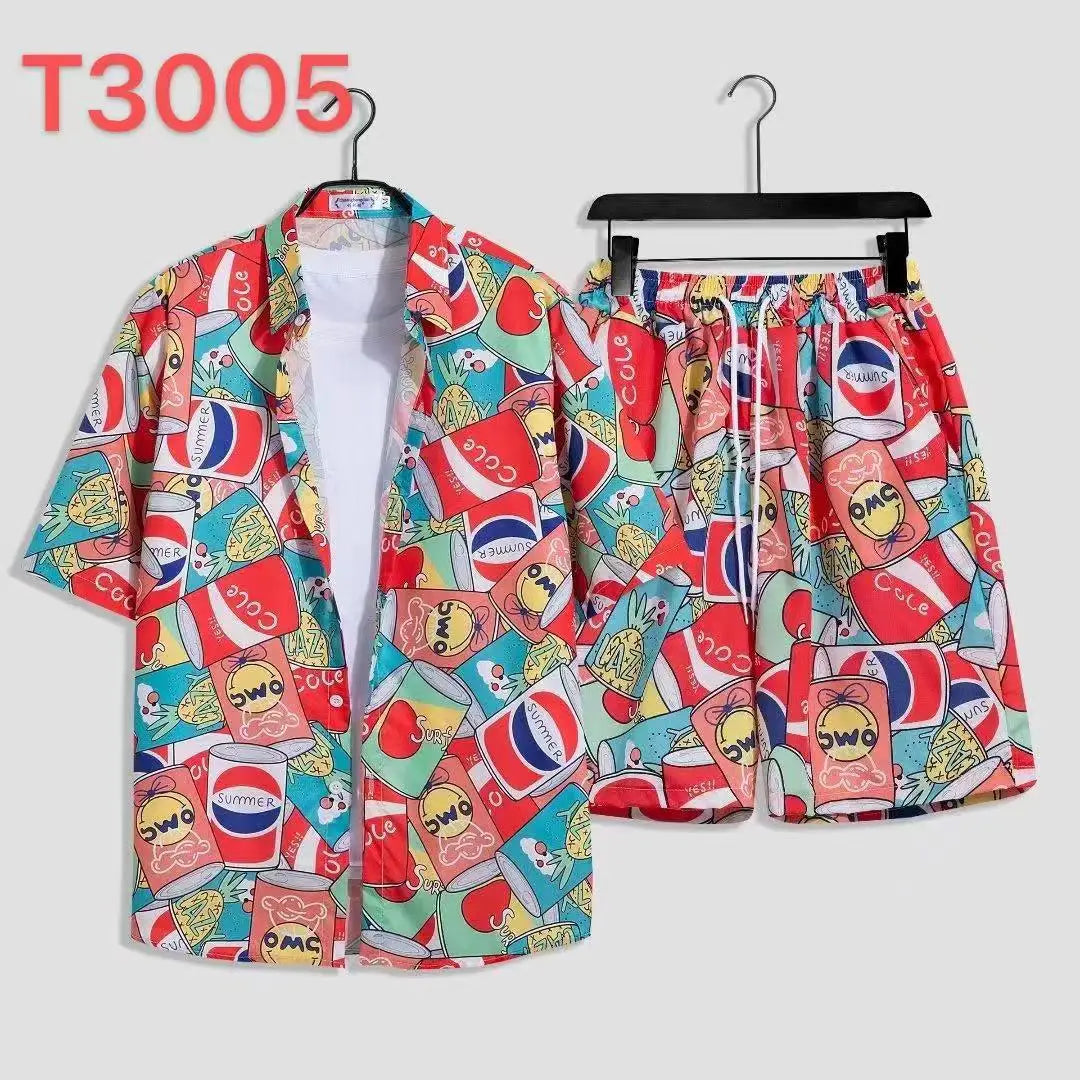 Cómoda camisa con estampado 3D de árbol de coco y hojas de hierba y flores + Pantalones cortos, conjunto de dos piezas, camisas con cuello abatible de manga corta, medio pantalón