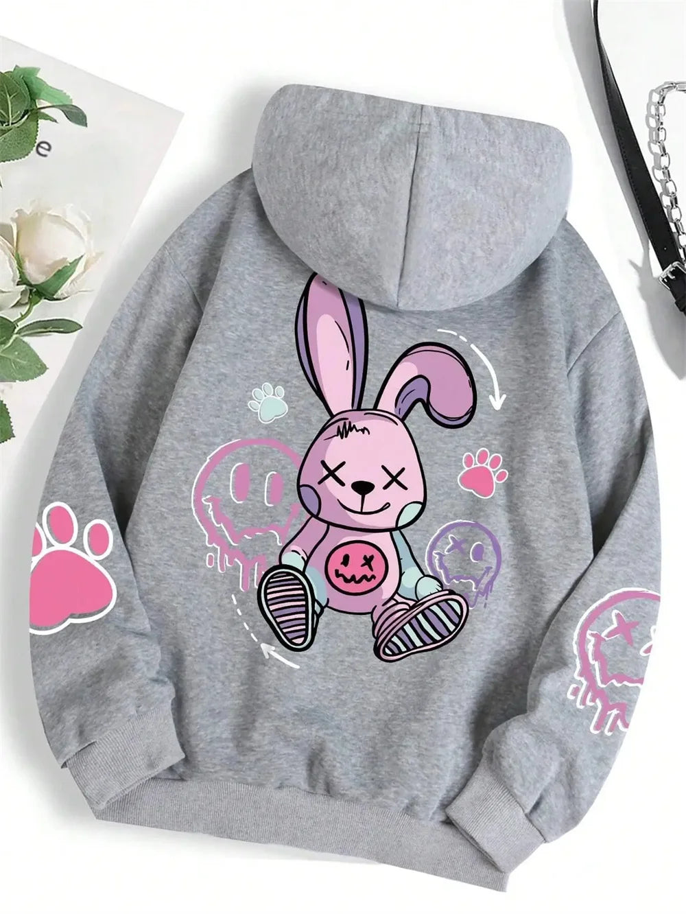Sudaderas con capucha estampadas informales de Hip Hop Street, sudaderas holgadas a la moda, estampado informal cálido de otoño para mujer, capucha de lana Harajuku con capucha