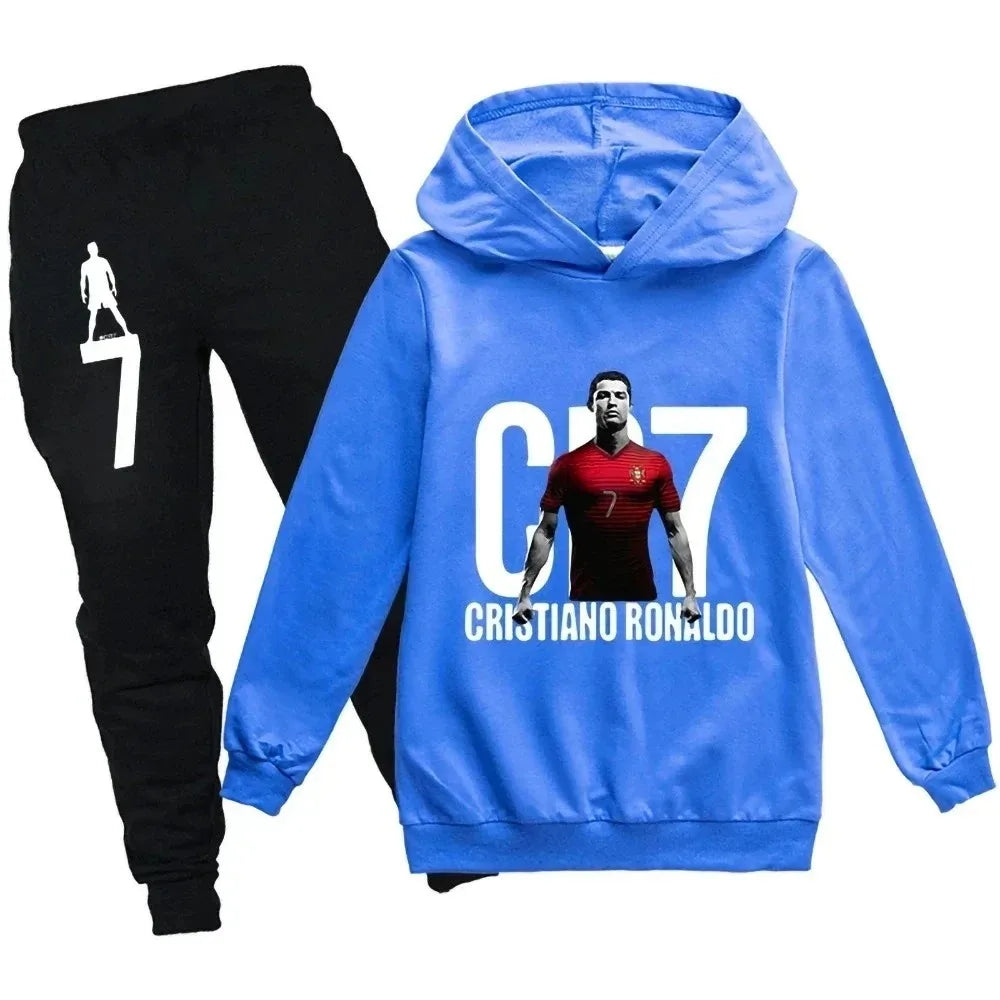 Conjunto de Sudadera con Capucha y Pantalones con Estampado de Fútbol CR7 para Niños de 3 a 12 Años, Primavera-Otoño, 2 Piezas, Conjunto Infantil, Trajes de Pantalones, Ropa para Niños