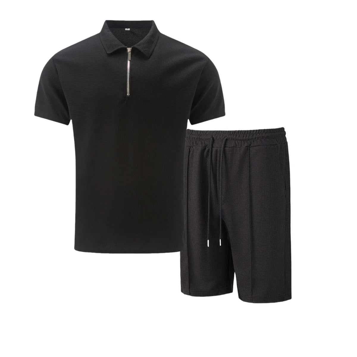 Conjunto de Dos Piezas para Hombre, Verano 2026, Estilo Europeo y Estadounidense, Color Liso, Cierre de Cremallera, Solapa, Manga Corta, Pantalones Cortos