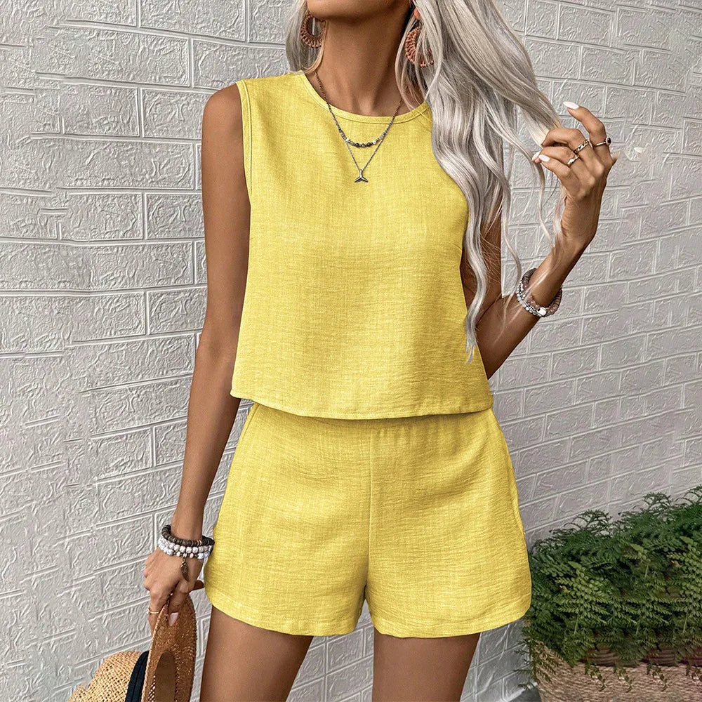 Conjunto de Top sin Mangas y Pantalones Cortos para Mujer, Estilo Europeo Americano, Verano 2026, Color Sólido, Simple y Moderno, Informal para Diario