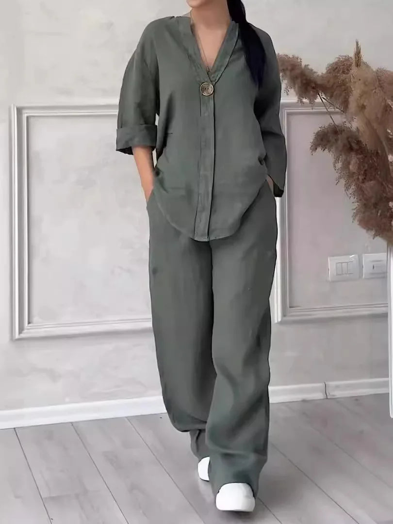 Conjuntos de lino y algodón, dos piezas, venta informal, manga larga, blusa holgada con botones, camisa y pantalones sueltos de pierna ancha de alta elasticidad, trajes NMD-3021