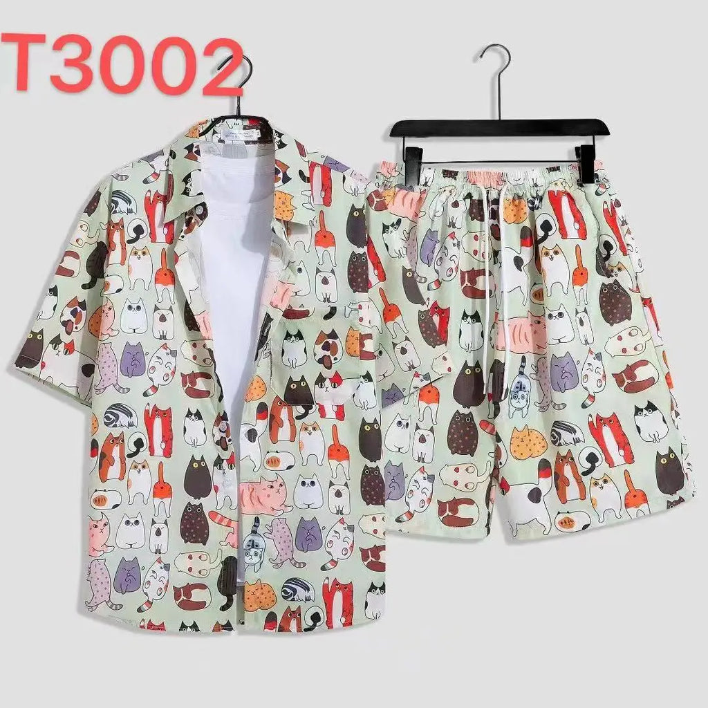 Cómoda camisa con estampado 3D de árbol de coco y hojas de hierba y flores + Pantalones cortos, conjunto de dos piezas, camisas con cuello abatible de manga corta, medio pantalón