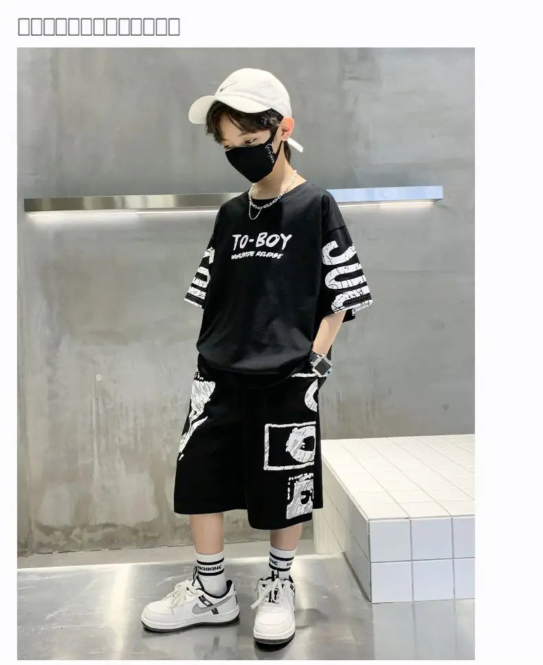 Conjunto de ropa deportiva informal para niños, camisetas de 2 piezas y pantalones, trajes de 3 a 14 años, estilo Hip Hop, moda de verano