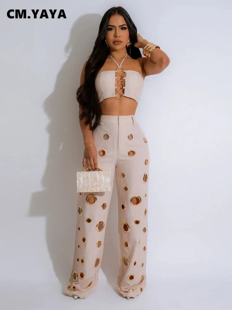 CM.YAYA-Conjunto de dos piezas para mujer, Top sin mangas y pantalones de pierna ancha, traje calado con agujeros, chándal de calle Sexy de verano