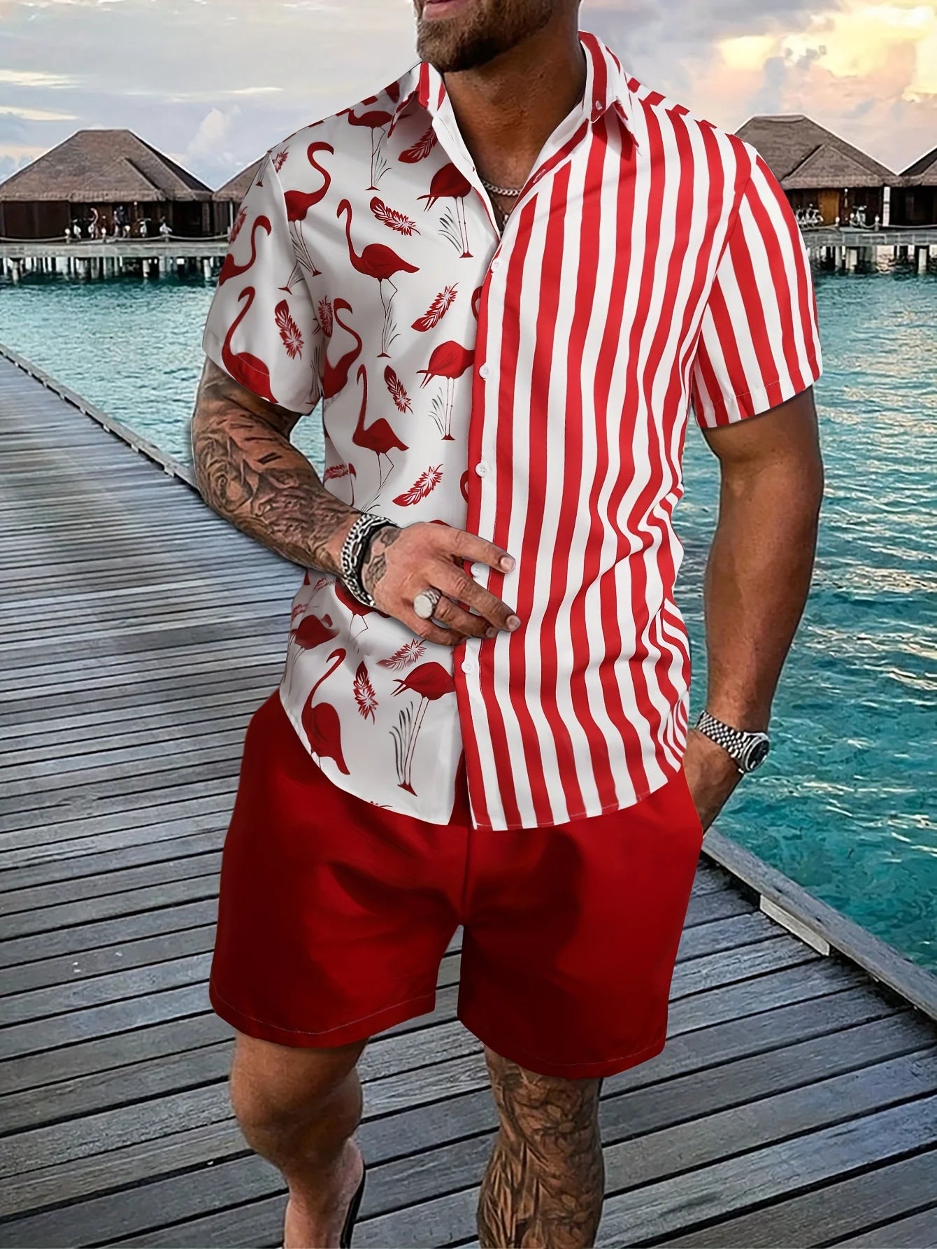 Conjunto Hawaiano Hombre – Camisa Manga Corta y Pantalón Corto de Playa