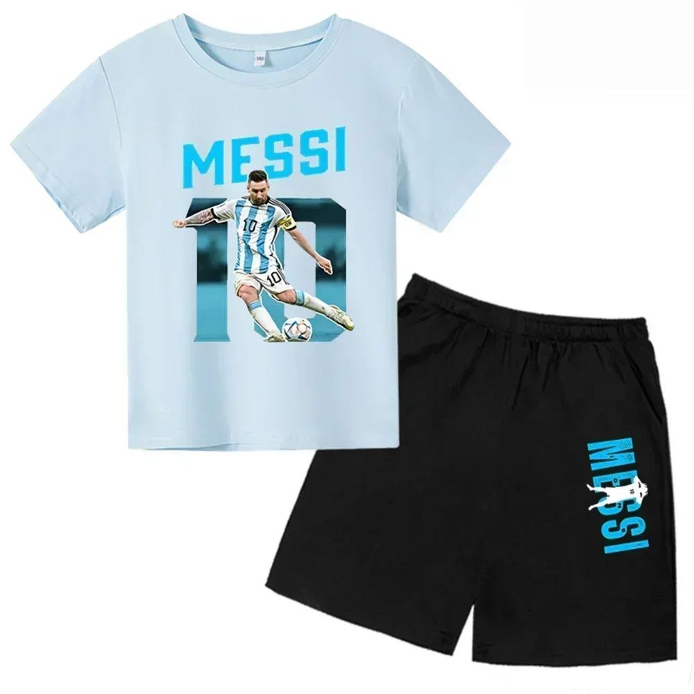 Conjunto de verano para niños, camiseta de manga corta con estampado Messi + Pantalones cortos, conjunto de 2 uds., traje deportivo informal a la moda para niños y niñas, ropa para fanáticos