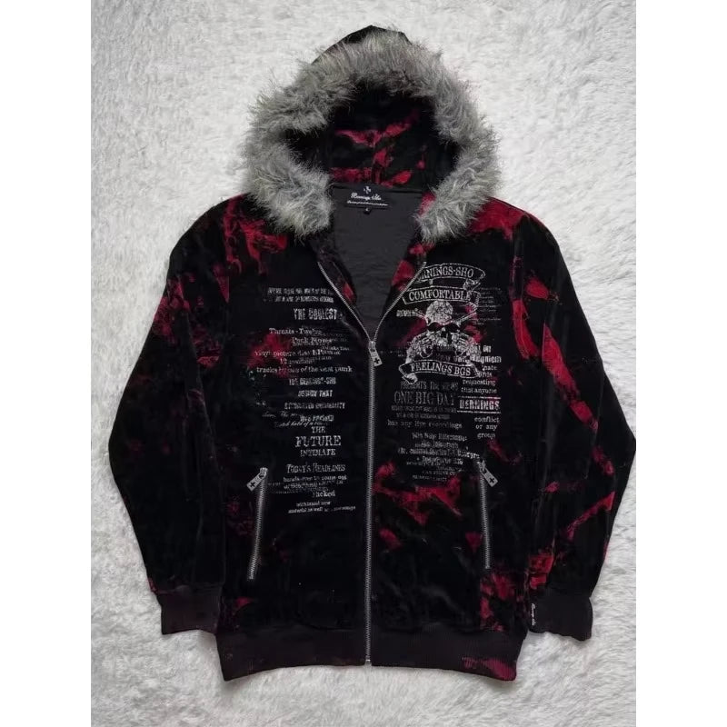 2025 nueva moda americana de gran tamaño con estampado de cuello de piel Sudadera con capucha para mujer Y2K Rock Dark Popular Casual Joker pareja sudadera Tops