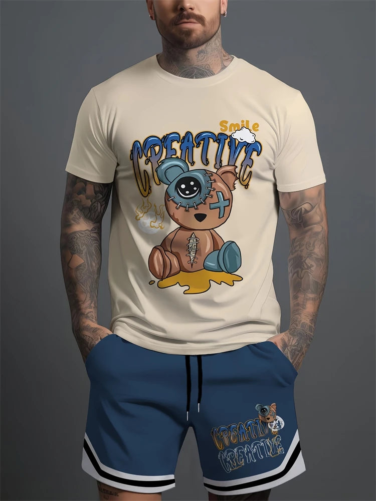 Nuevo traje corto de manga corta con cuello redondo para hombre, moderno y sencillo para actividades al aire libre y uso diario, conjunto de dos piezas