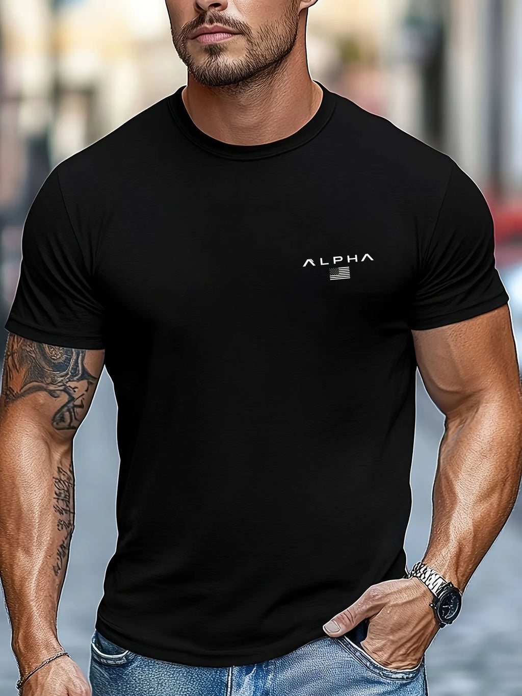 Camiseta de manga corta con cuello redondo y estampado de patrón ALPHA para hombre, 100% de algodón, informal, a la moda, deportiva, holgada, de verano