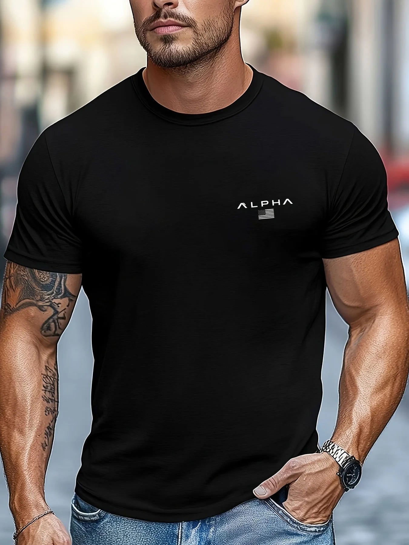 Camiseta de manga corta con cuello redondo y estampado de patrón ALPHA para hombre, 100% de algodón, informal, a la moda, deportiva, holgada, de verano