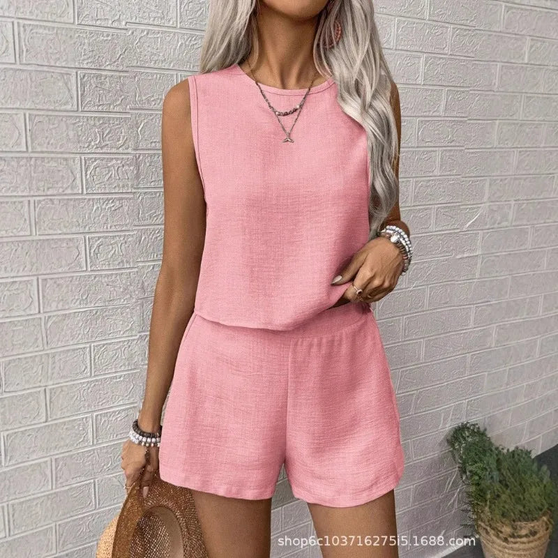 Conjunto de Top sin Mangas y Pantalones Cortos para Mujer, Estilo Europeo Americano, Verano 2026, Color Sólido, Simple y Moderno, Informal para Diario